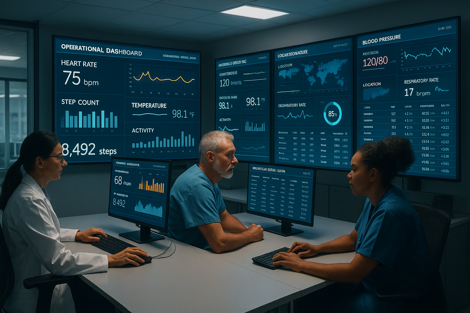 Healthcare professionals viewing live data dashboards from wearable medical devices in a hospital monitoring room.