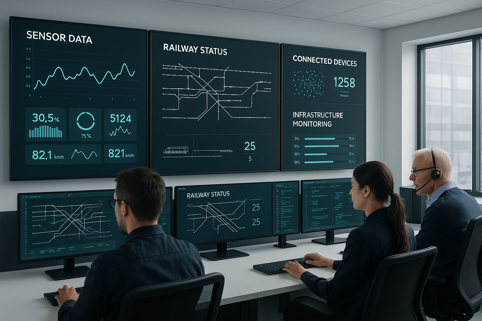 Railway control room with engineers viewing live sensor data dashboards and connected device interfaces