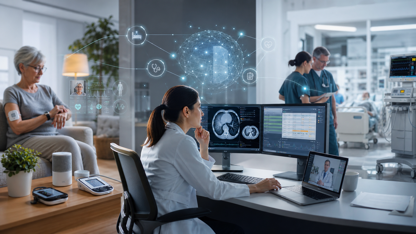 แดชบอร์ด Healthcare AI ที่เชื่อมอุปกรณ์ติดตามผู้ป่วยและระบบเวิร์กโฟลว์อัตโนมัติ