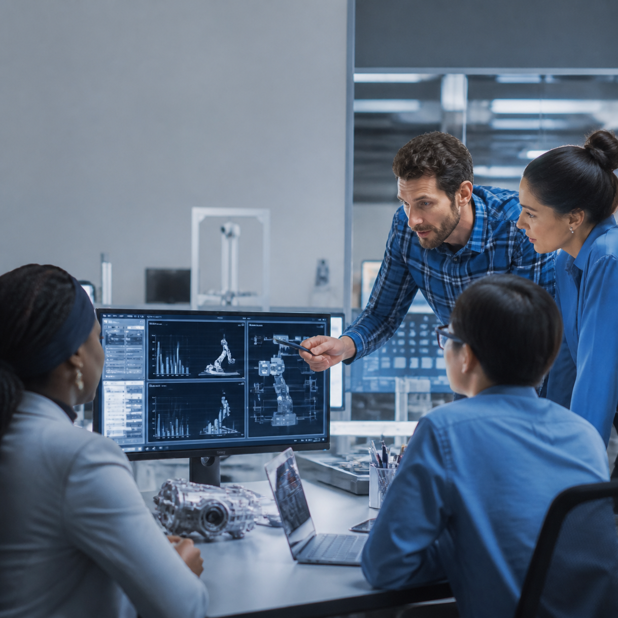 Engineering team analyzing supply chain operational dashboards showing real-time data and analytics on multiple monitors