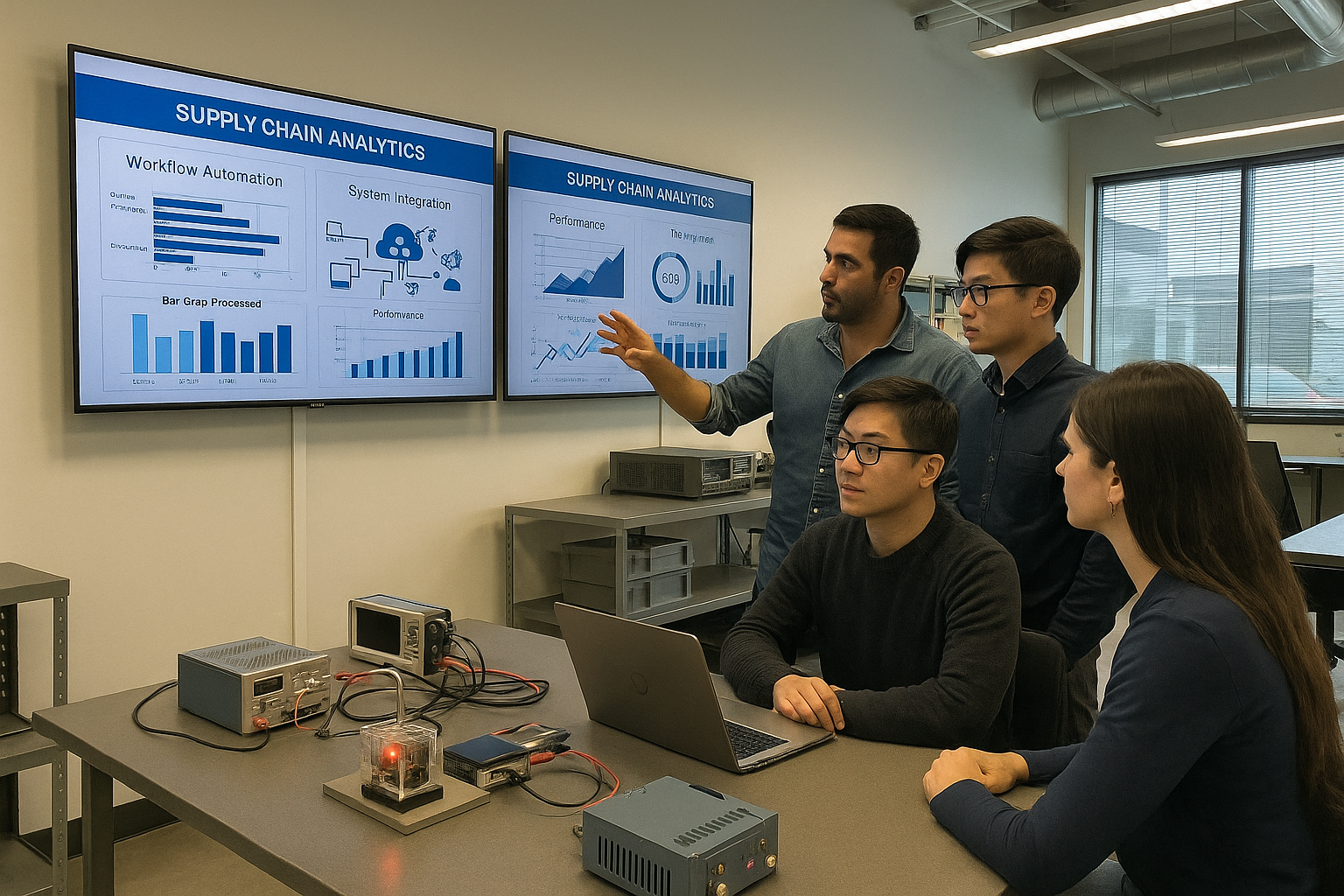 ทีมวิศวกรวิเคราะห์แผงควบคุมการดำเนินงานห่วงโซ่อุปทานแสดงข้อมูลและการวิเคราะห์เรียลไทม์บนจอภาพหลายจอ