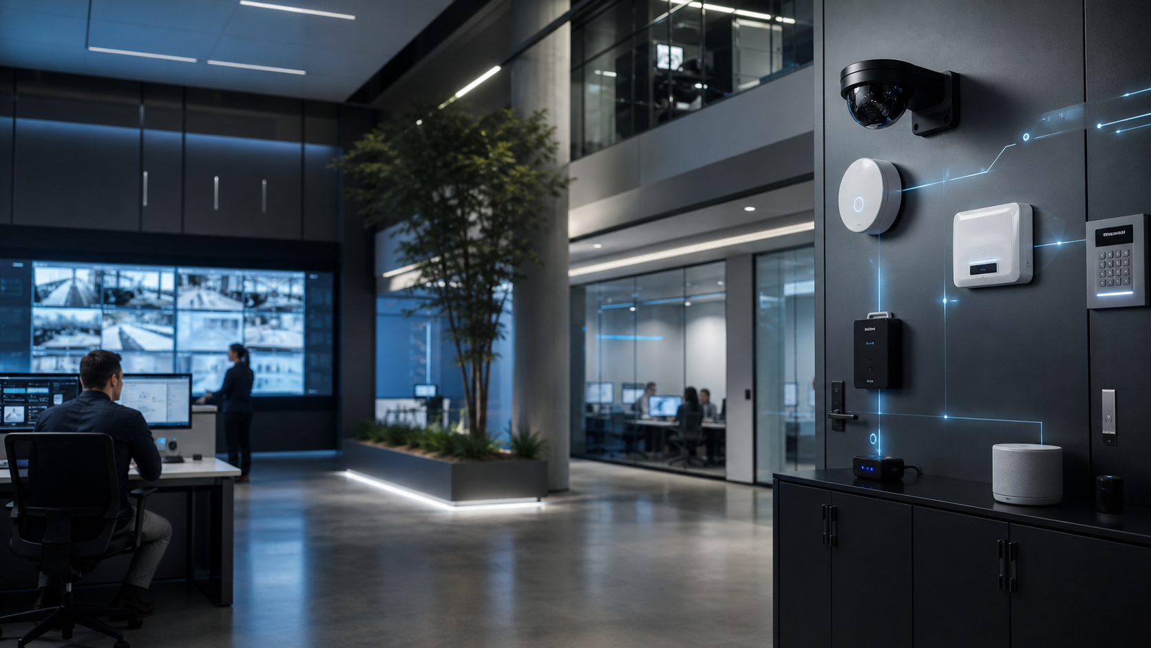 ภาพอุปกรณ์ IoT ในสภาพแวดล้อมธุรกิจพร้อมแดชบอร์ดมอนิเตอร์และชั้นป้องกันความปลอดภัย