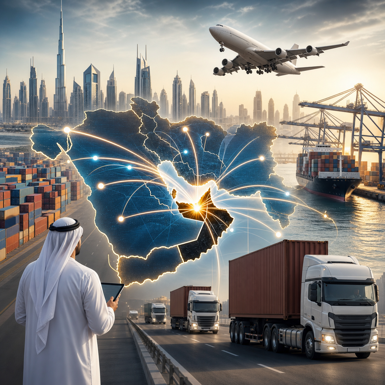 Modern logistics control room with UAE ports, air cargo, road freight, and a digital supply-chain dashboard showing coordinated rerouting.