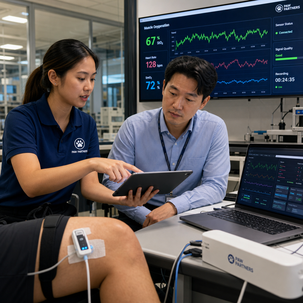 A muscle oxygen monitoring device connected to live analytics screens in a clinical control room