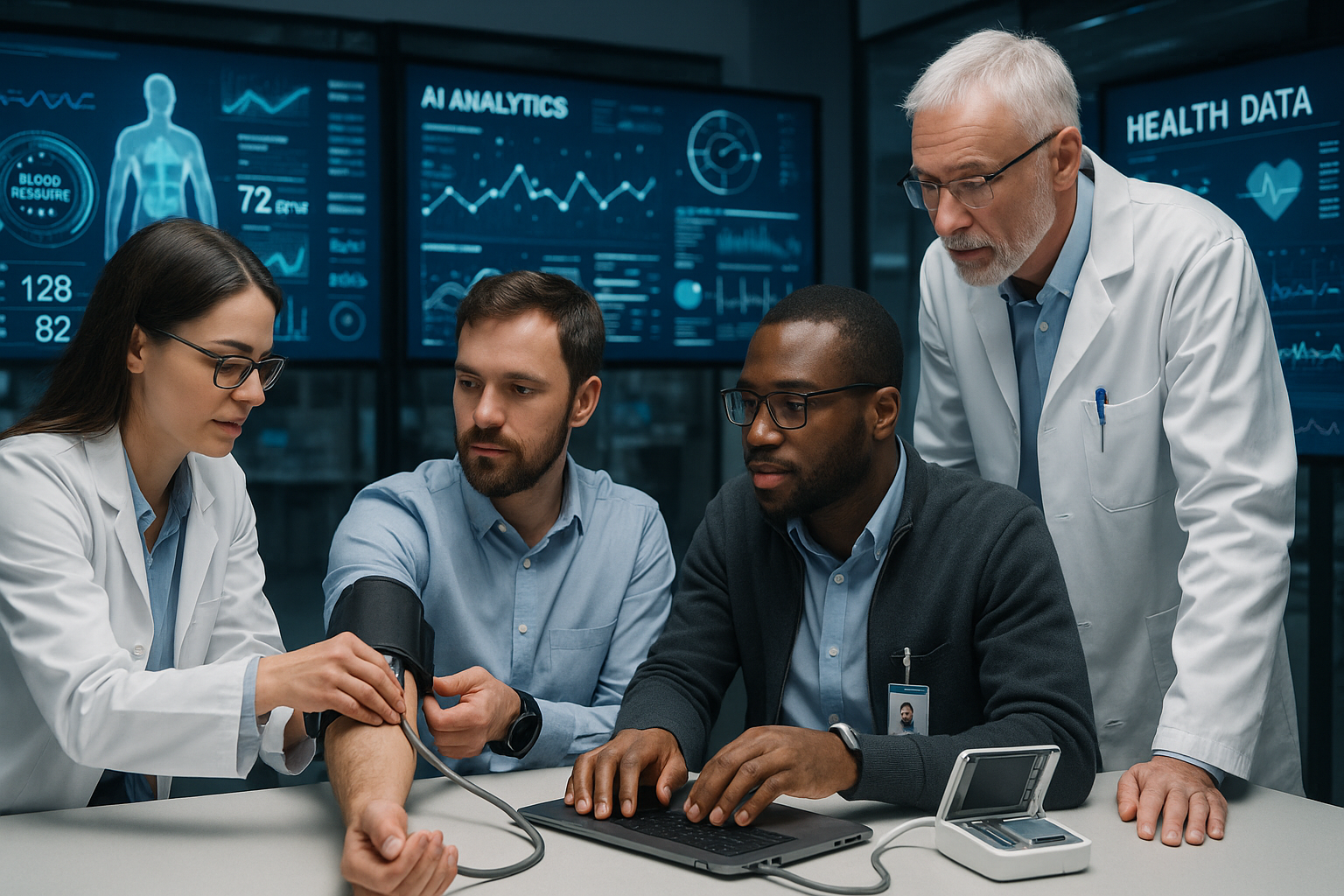 Engineers working on AI-enabled blood pressure monitoring device with digital data displays in a medical lab