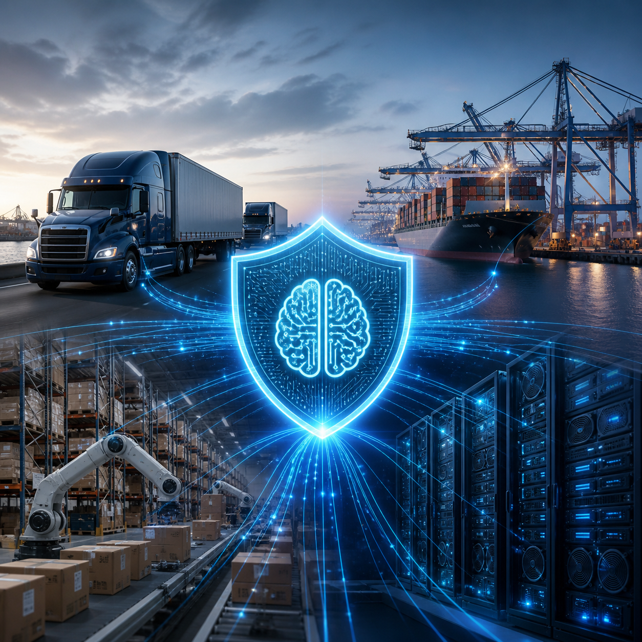 AI logistics network connecting trucks, ports, and GPU infrastructure with secure data flows.