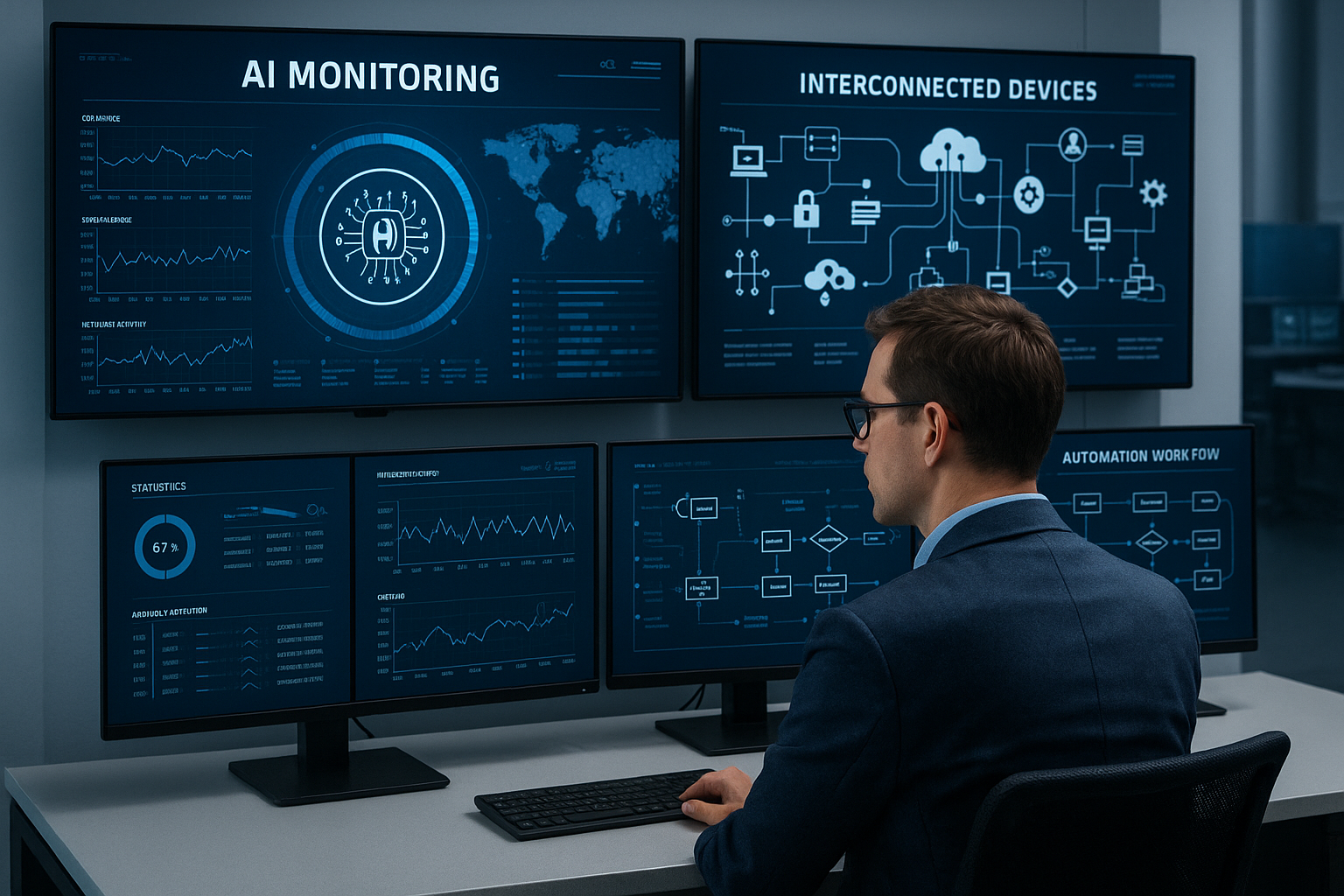 Engineering control room with digital AI-powered dashboards and devices