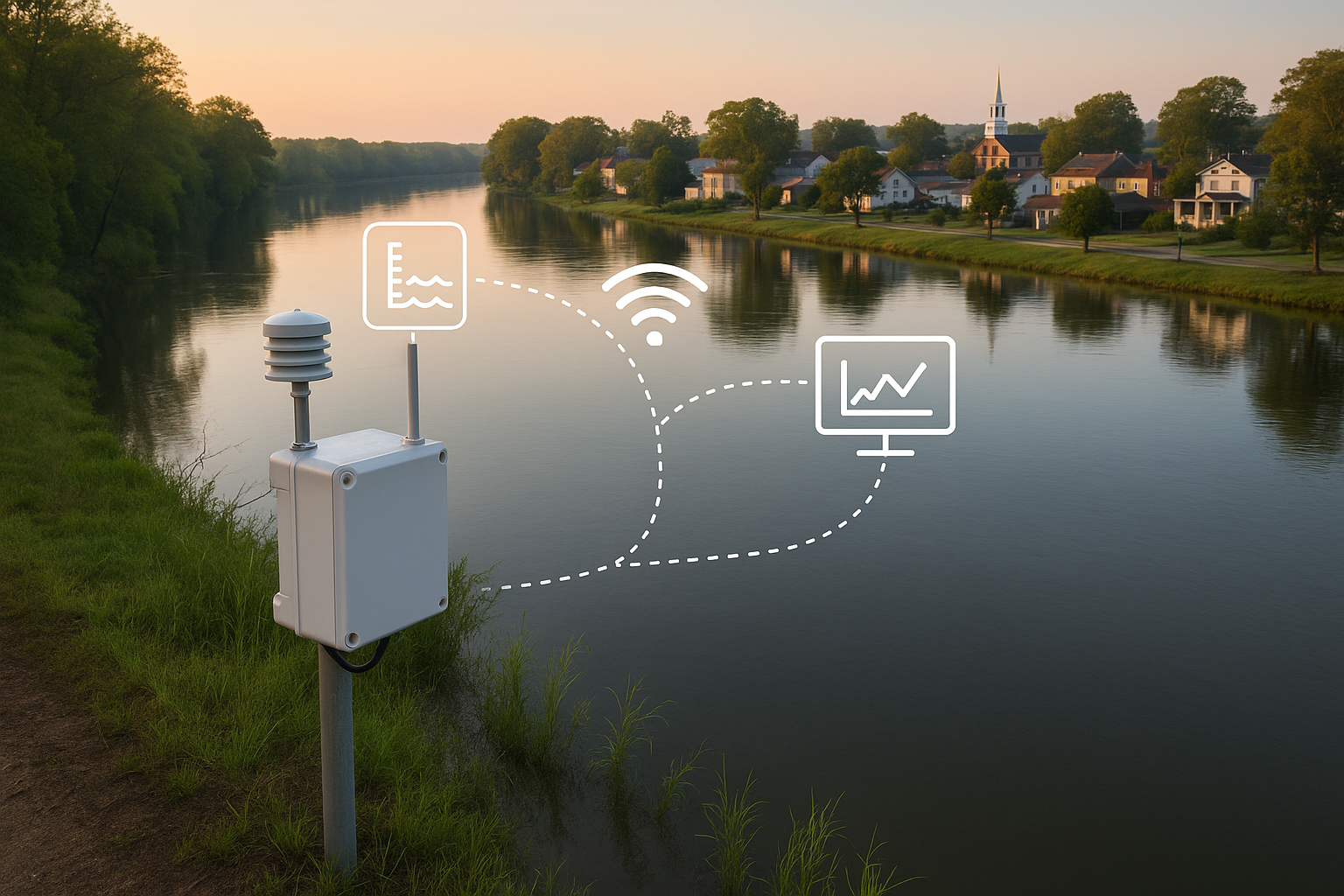 Flood monitoring sensors installed along Alabama riverbanks with a nearby town visible, representing statewide flood alert system infrastructure