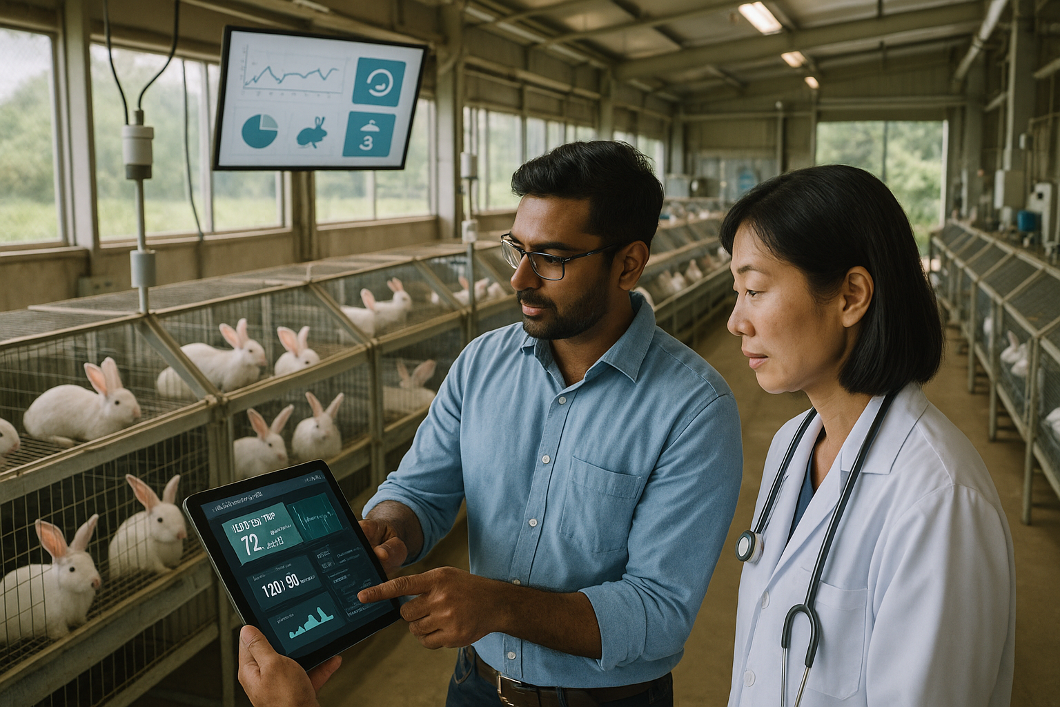 Rabbit farm with AI sensors and digital monitoring systems in place, illustrating precision farming technologies