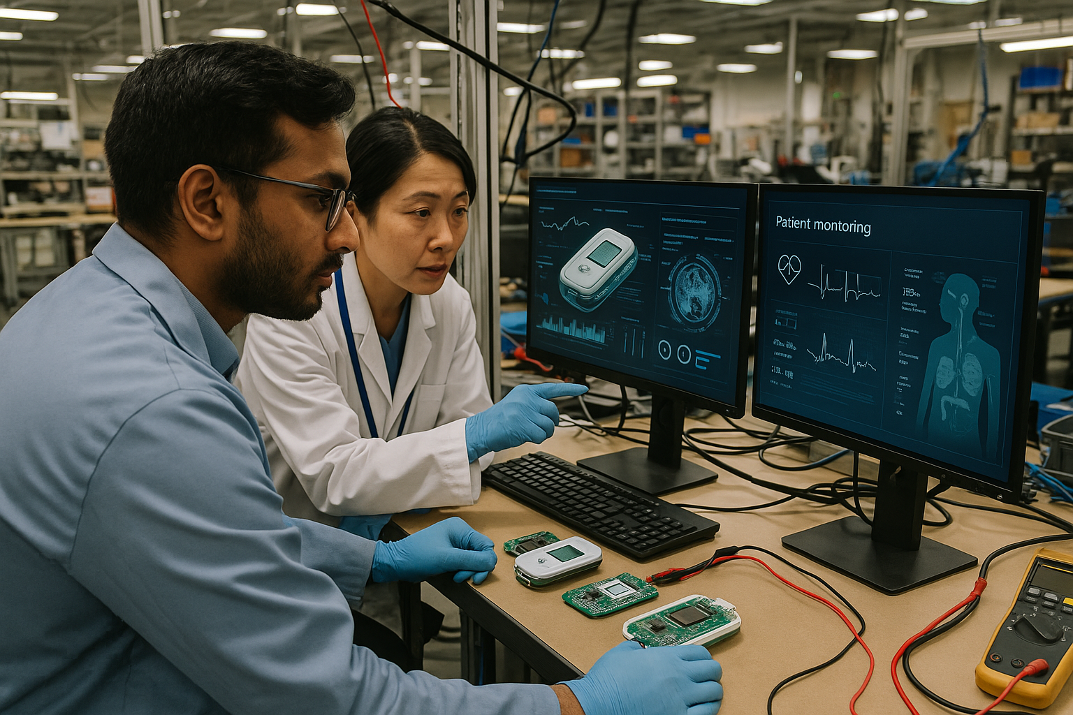 Engineers developing AI-integrated biosensors for antimicrobial resistance detection in a laboratory with digital data displays.