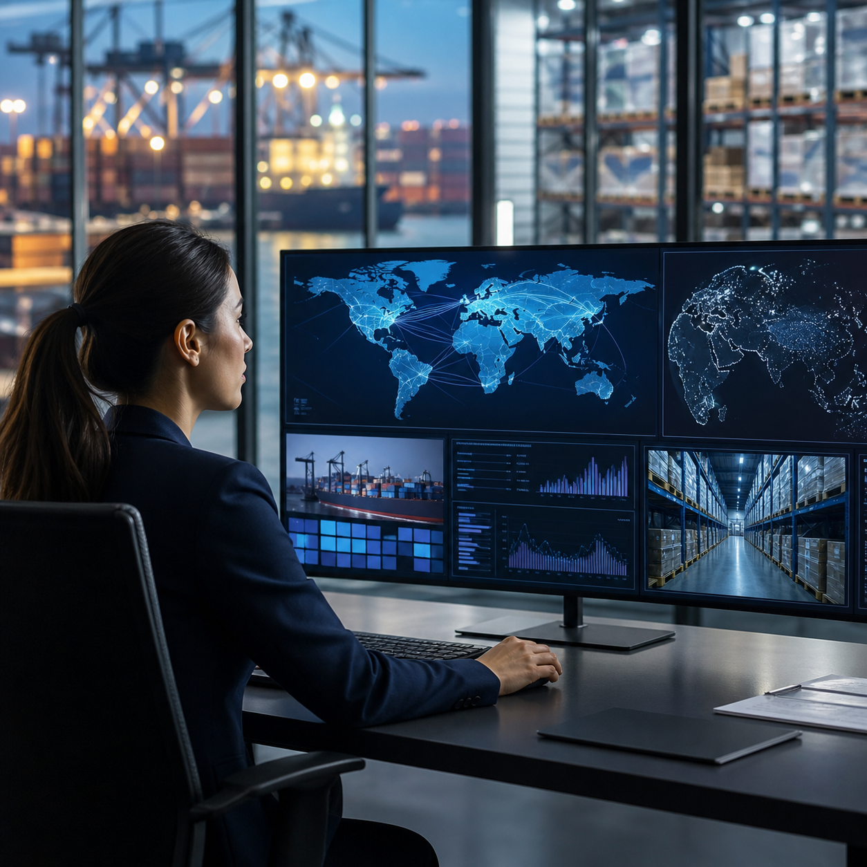 แดชบอร์ดซัพพลายเชนที่แสดงสัญญาณ AI ระบบอัตโนมัติ digital twin และความเสี่ยงของเครือข่ายทั่วโลก