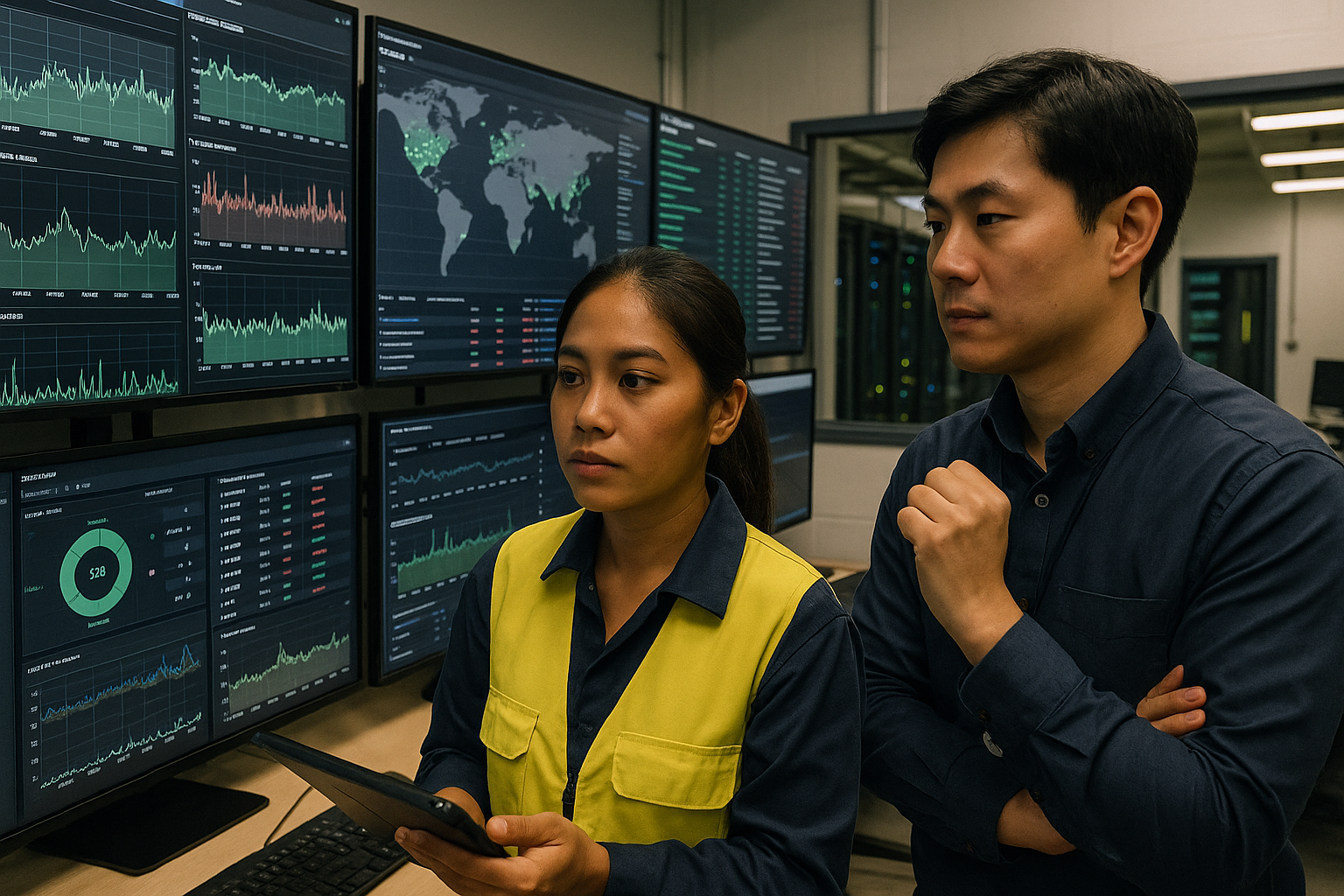 Engineers monitoring network telemetry and health alerts in a data center