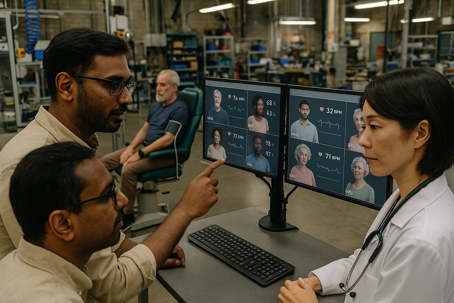 Healthcare professionals monitoring patients' medical wearable data on digital dashboards in an Australian medical facility.