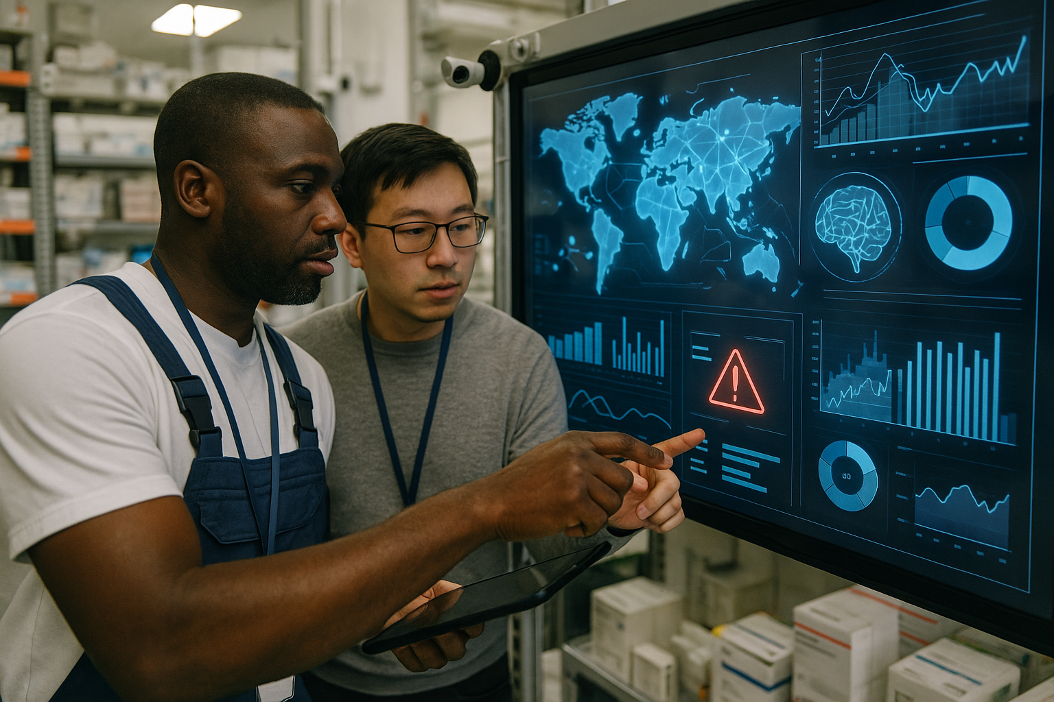 Pharmaceutical warehouse with AI and IoT device data visualization overlays representing global supply chain efficiency