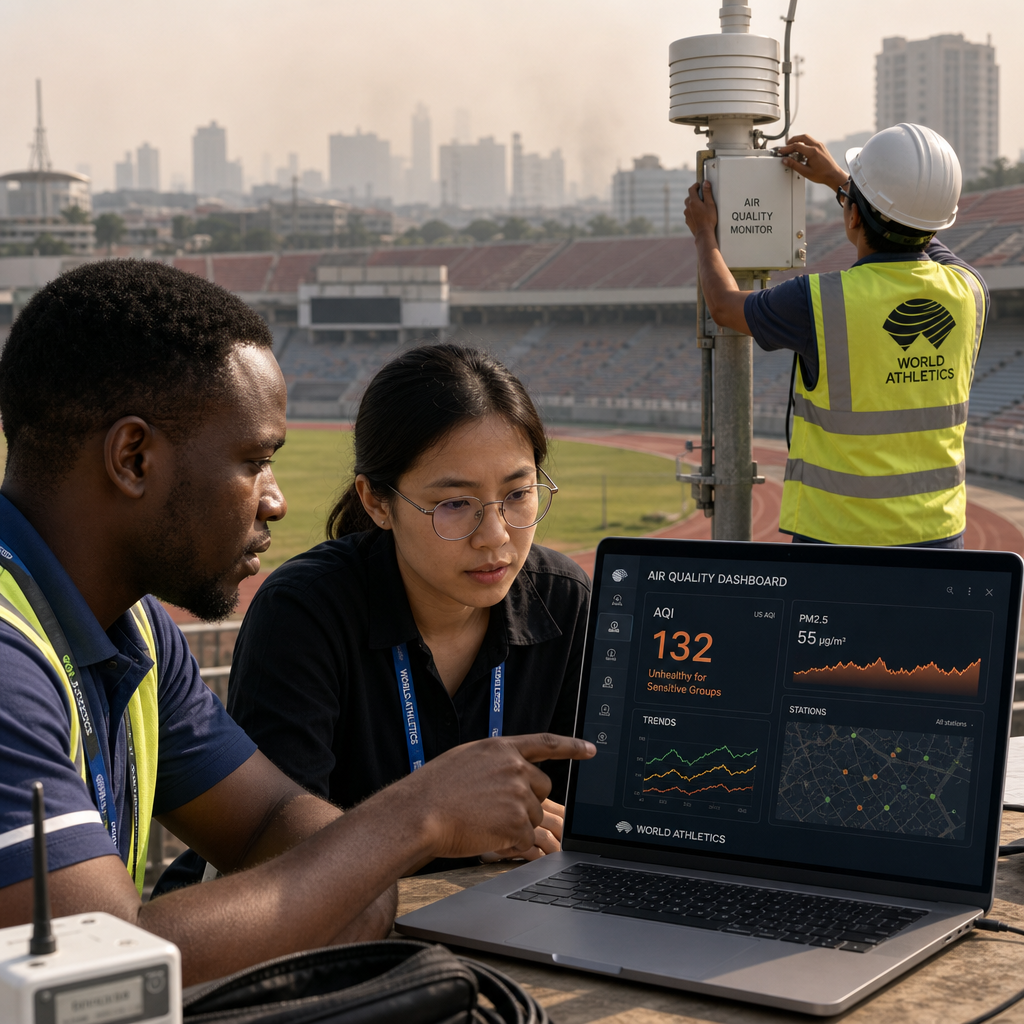 Engineer installing air quality sensor at sports stadium with real-time air quality dashboard display