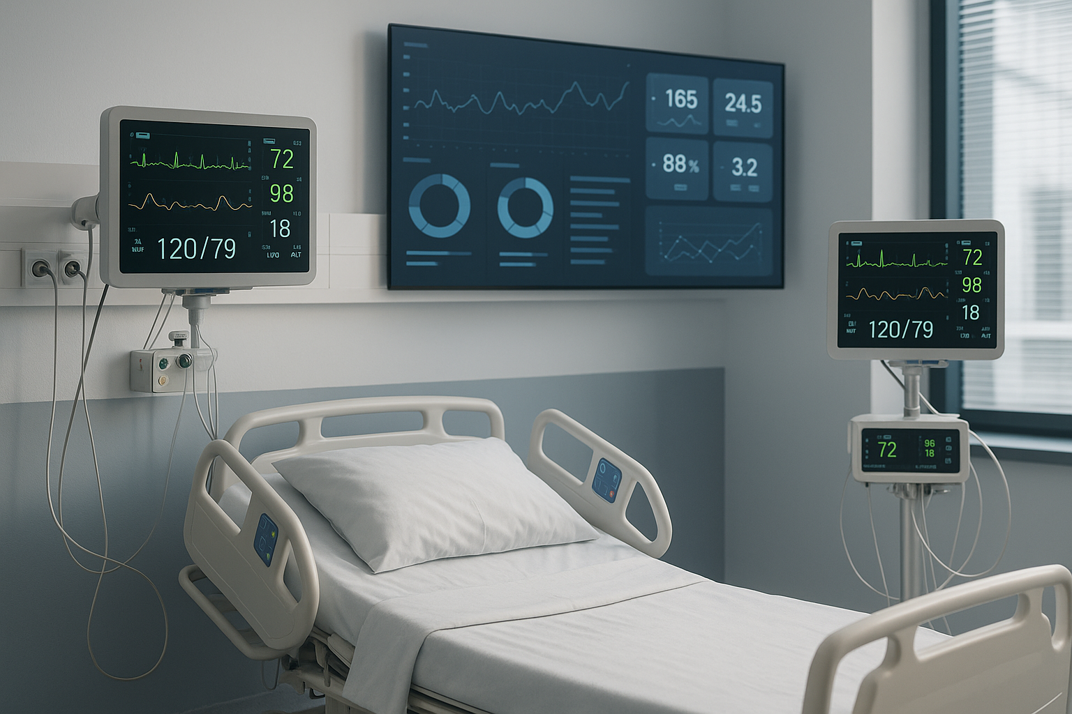 Hospital room featuring advanced connected vital signs monitoring devices and digital healthcare dashboards