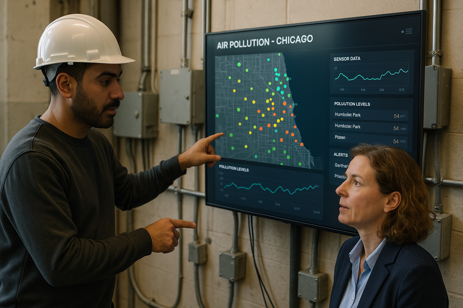 Real-time air quality monitoring dashboard showing Chicago's neighborhood pollution data and alert status in a modern control center.
