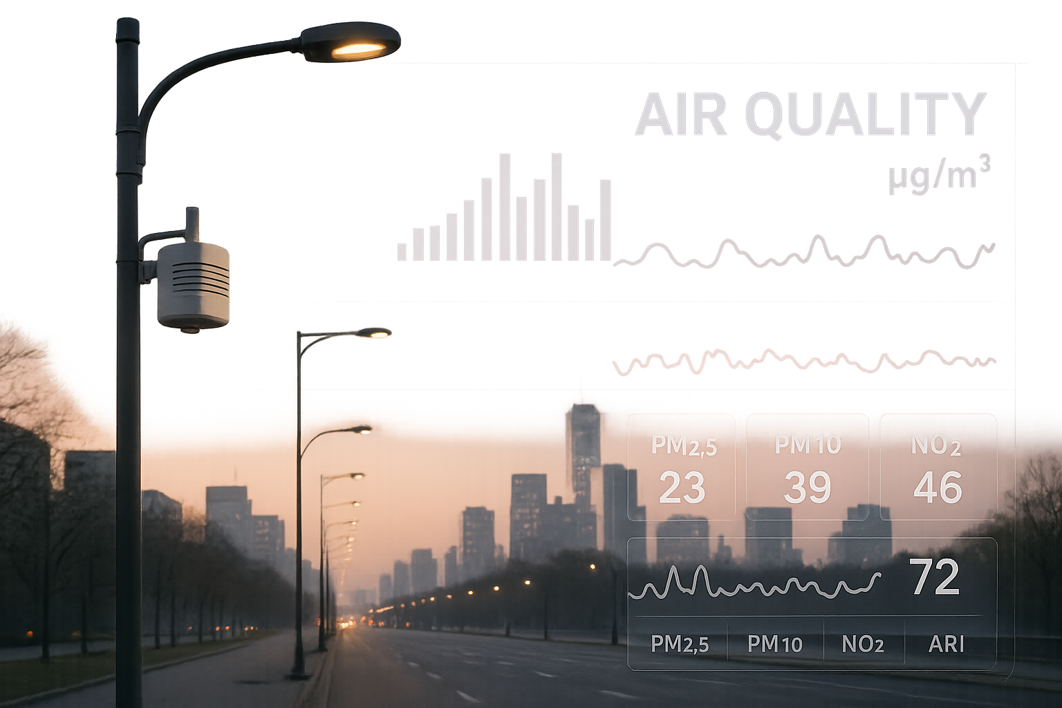 Urban air quality sensors installed on streetlights with digital data overlays showing pollution levels