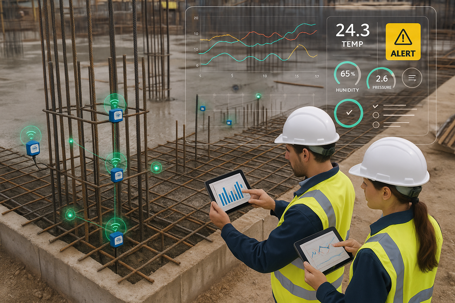 Concrete foundation with embedded smart sensors monitored via digital platforms at a construction site