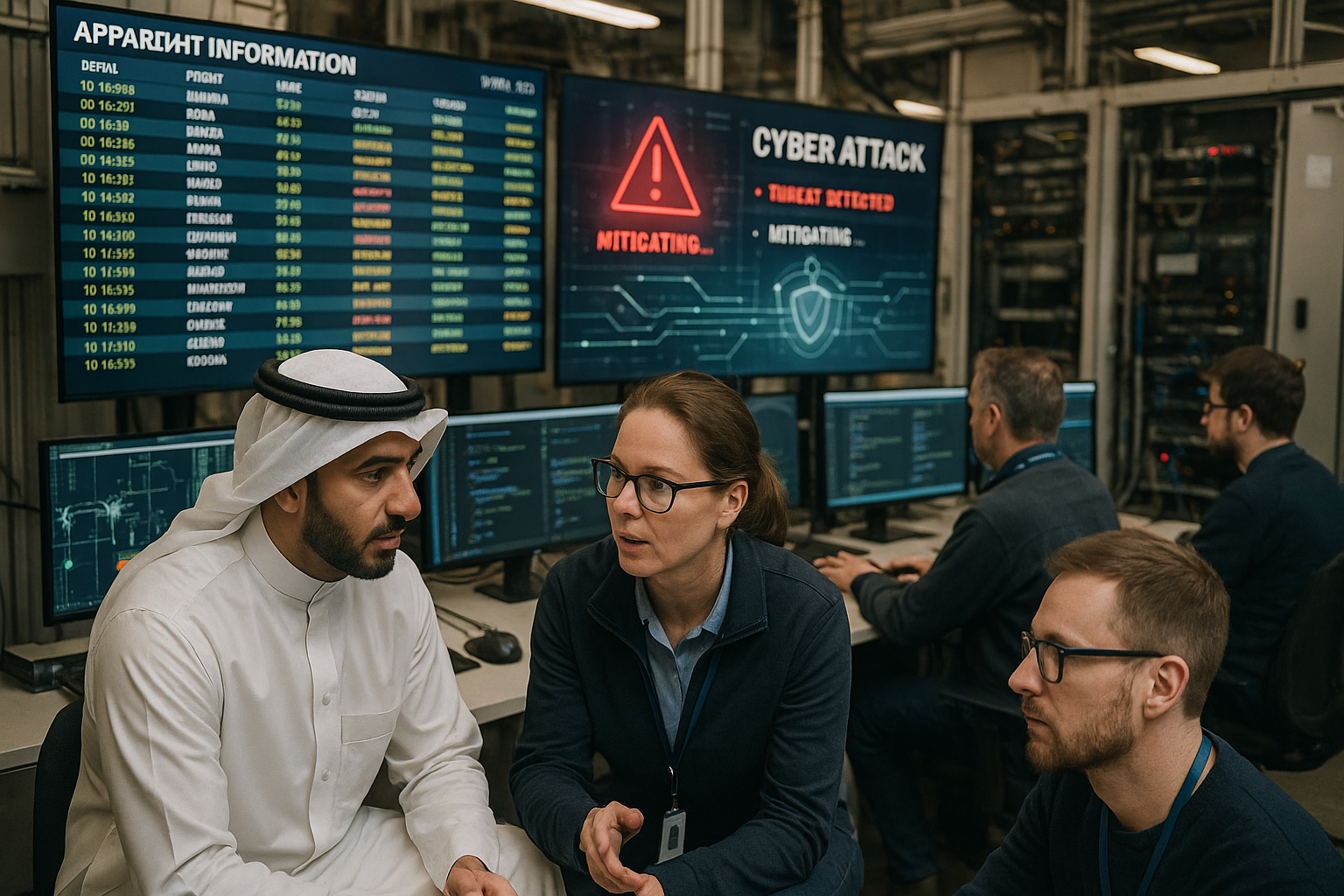 Airport control room with digital dashboards showing flight and cybersecurity status, illustrating operational management during cyber disruptions.