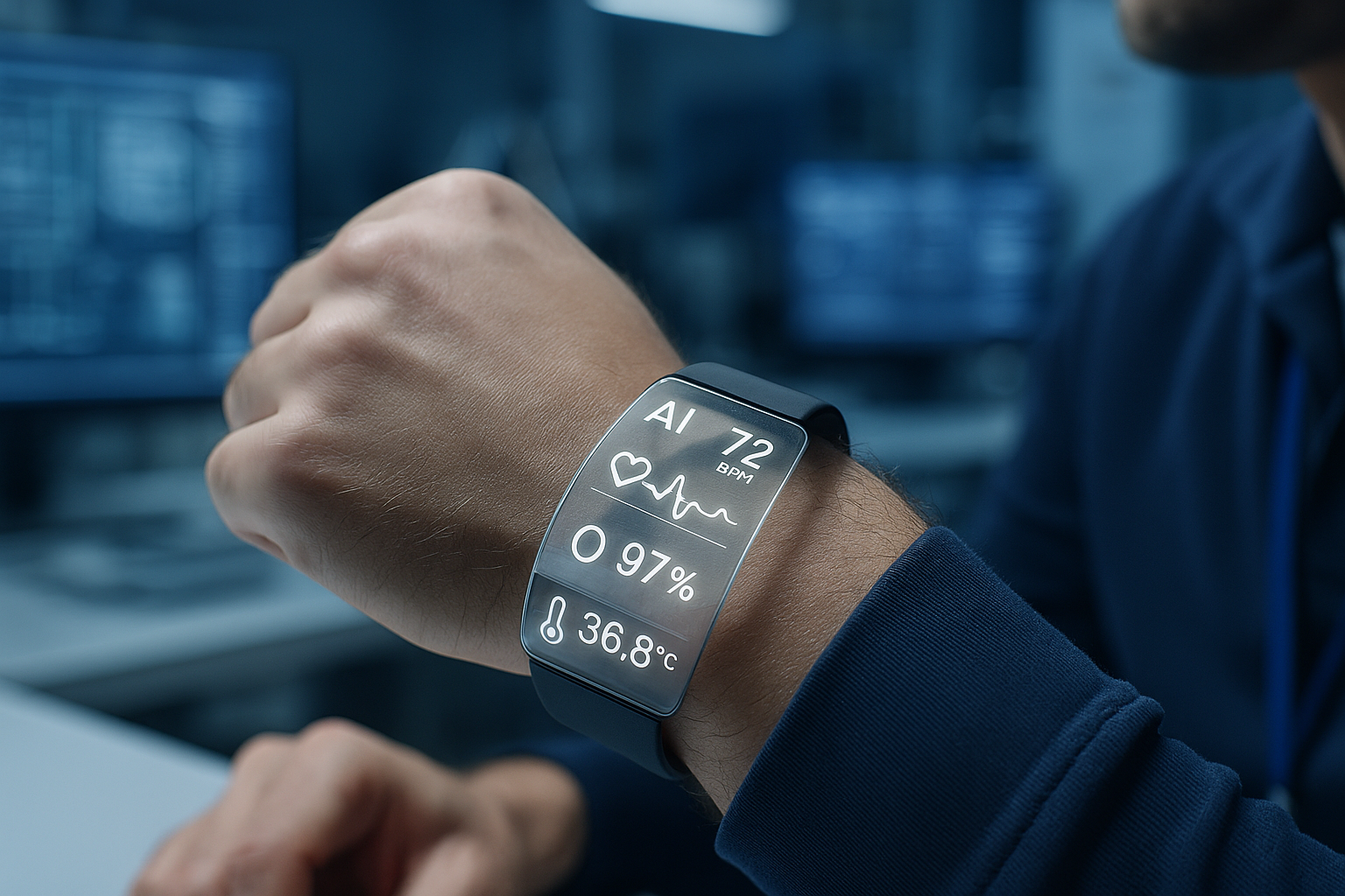 AI-powered wearable device prototype displaying vital signs data in an engineering lab setting.
