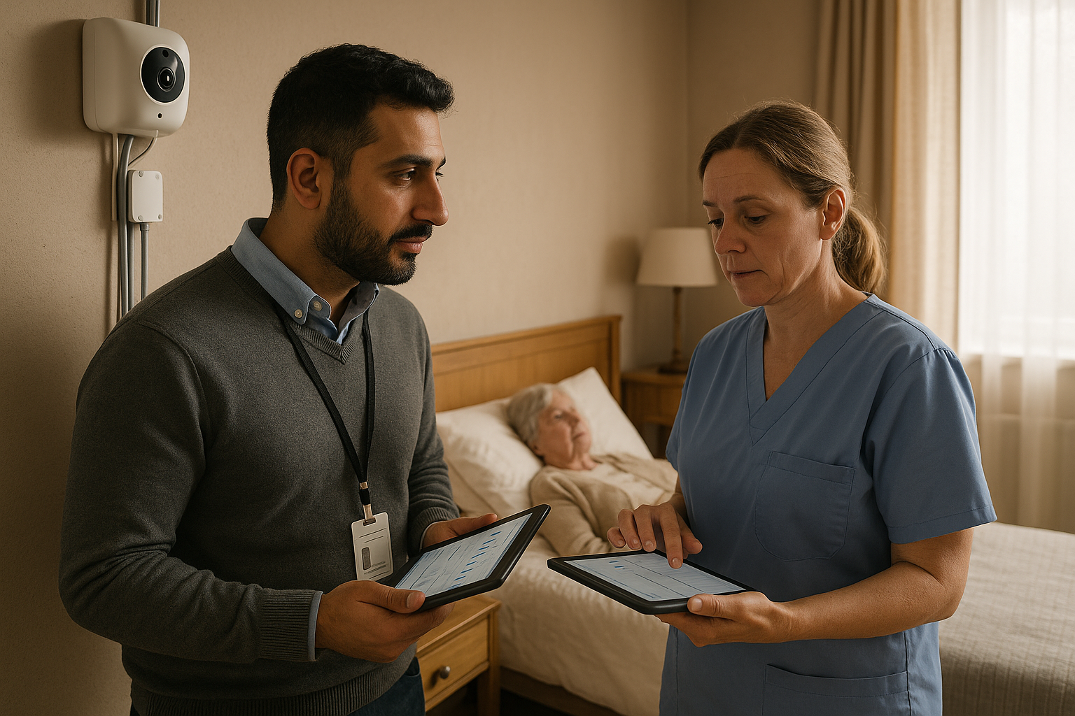Elder care facility with AI surveillance sensors and caregivers using a tablet, depicting dignified and ethical monitoring