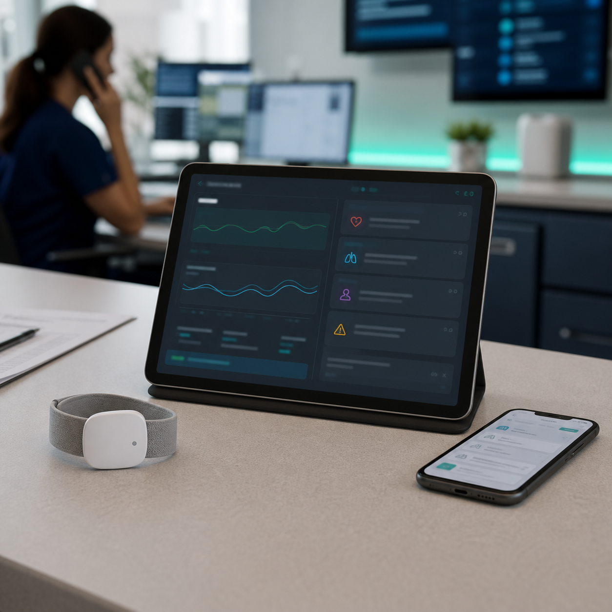 Connected digital health monitoring devices shown with a dashboard, alerts, and field operations workflow