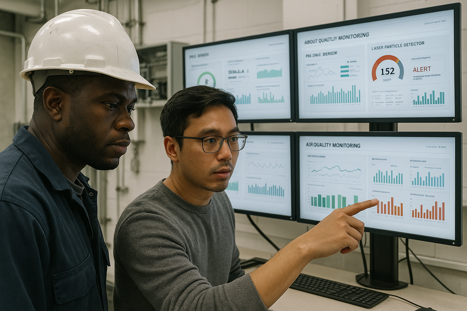 Industrial control dashboard showing real-time air quality data from laser-based PM2.5 sensors