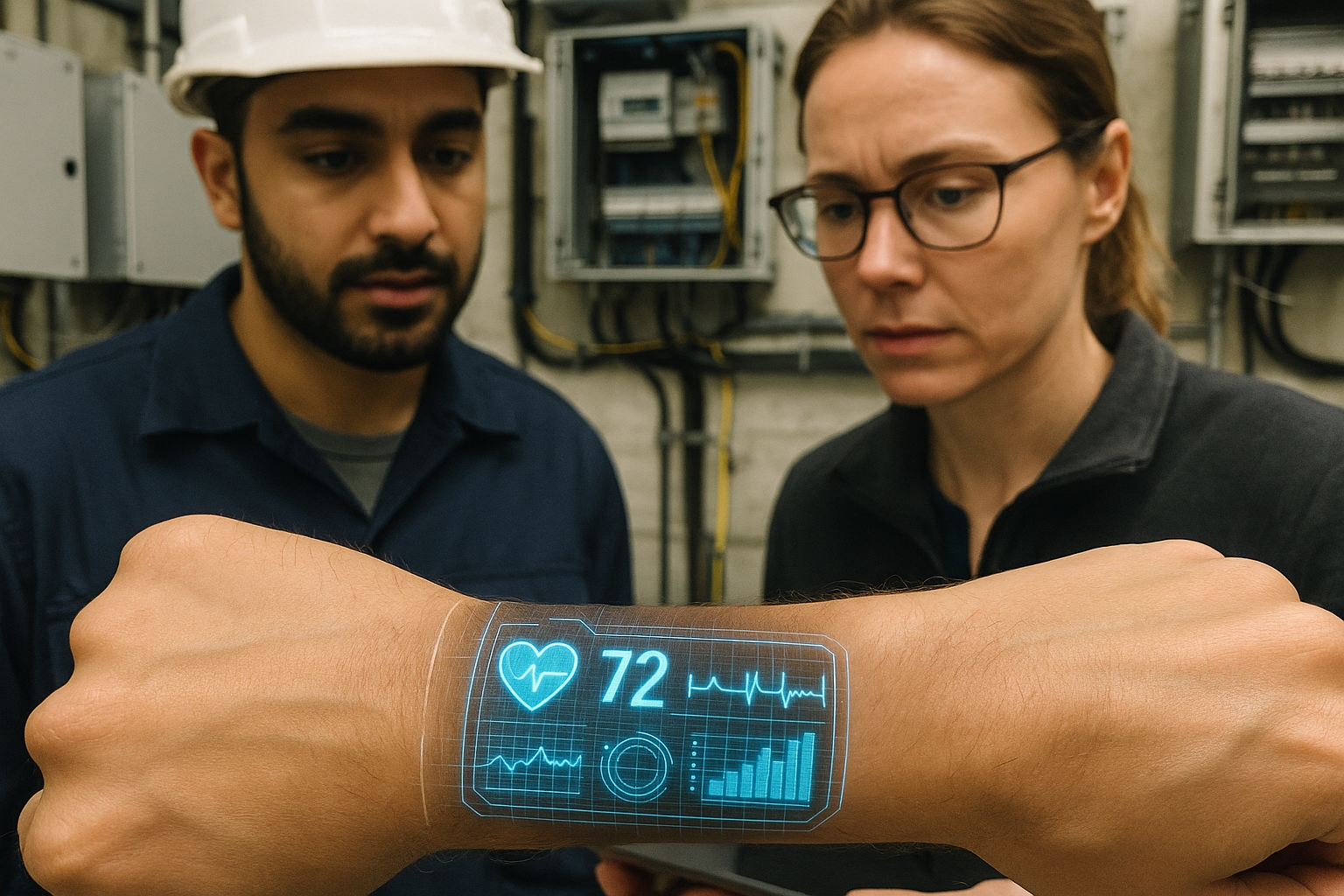 Person's wrist with a glowing digital tattoo displaying biometric data and futuristic data visualization graphics