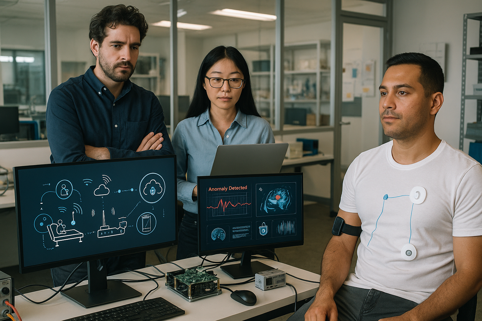 Healthcare setting showing wireless IoT devices, edge AI computing units, and real-time anomaly detection monitors