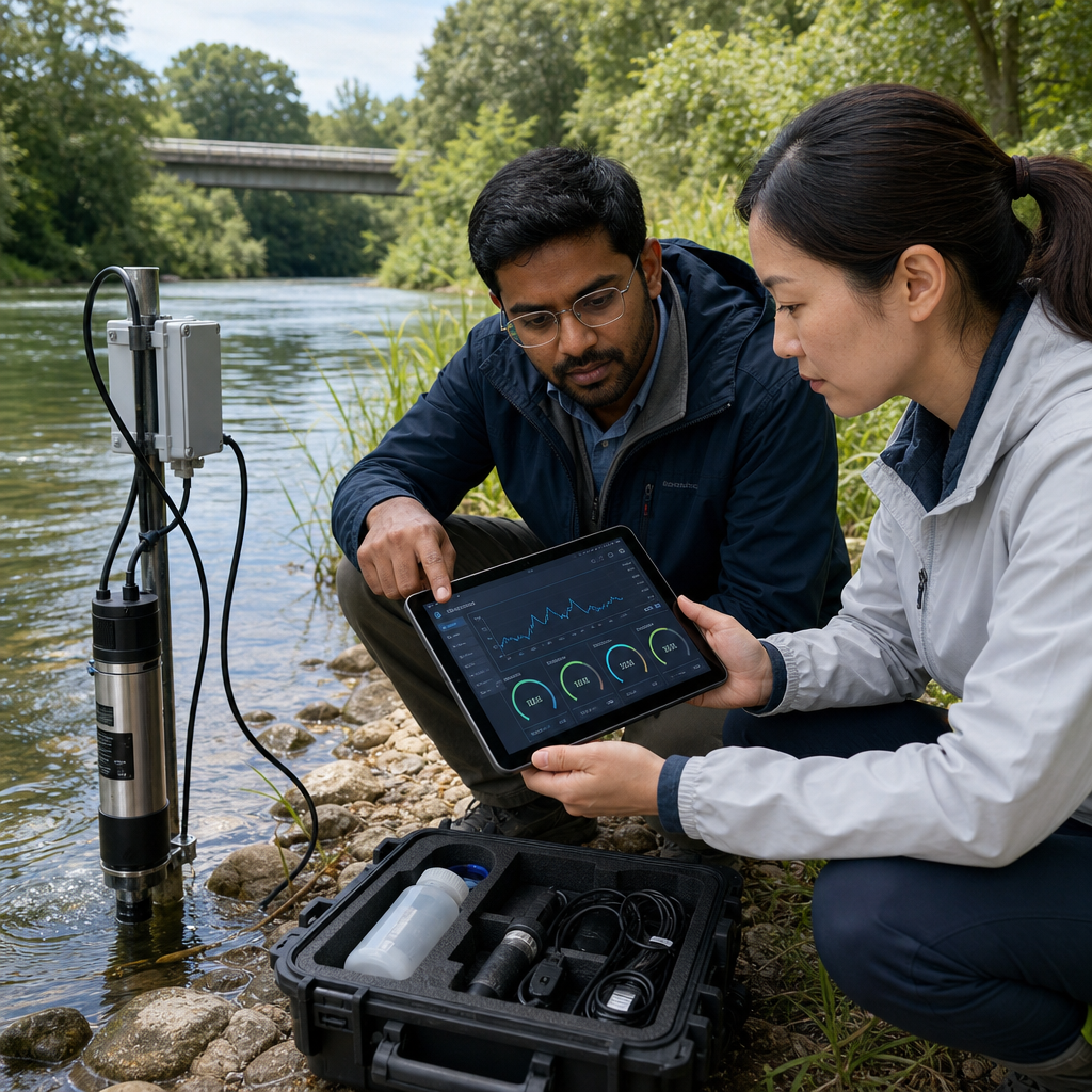 Engineer checking advanced water quality sensor with telemetry data in natural water environment