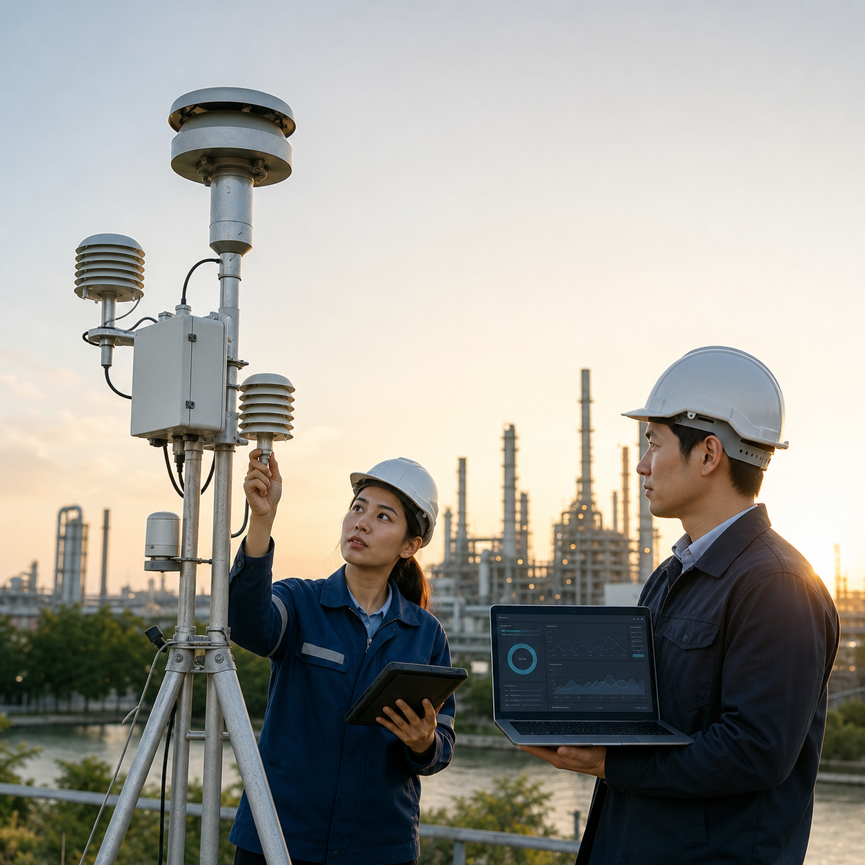 Urban air quality monitoring station with digital dashboards near industrial refinery facilities