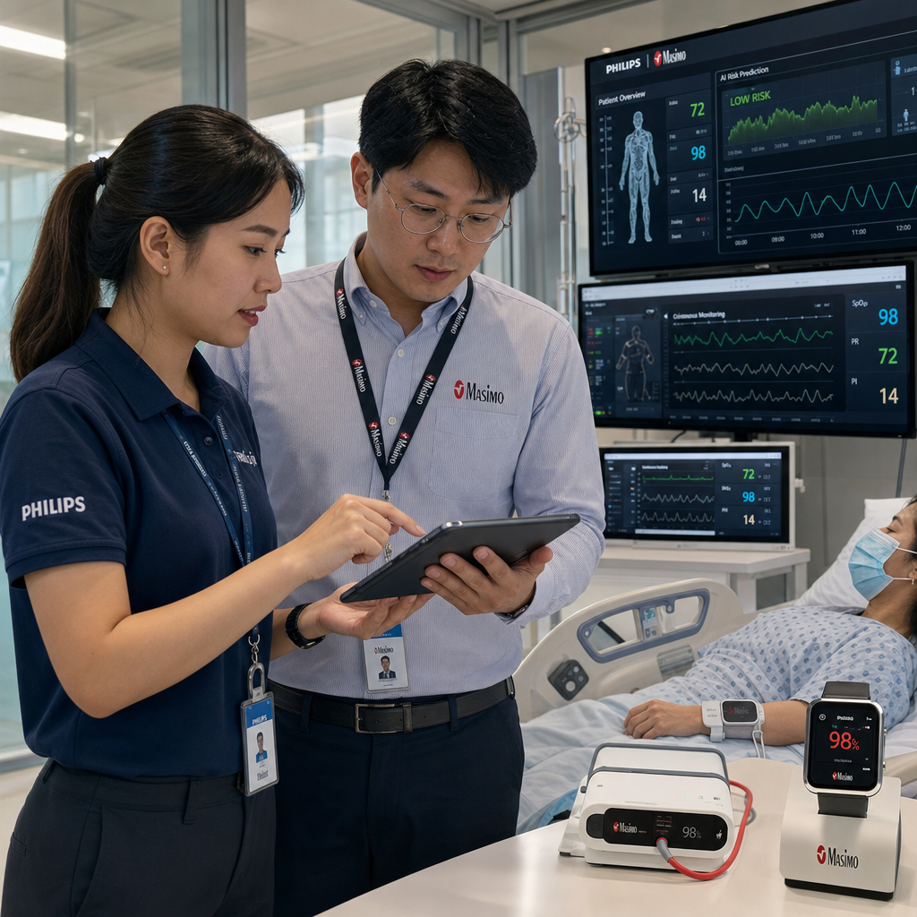 Healthcare professionals reviewing AI-powered wearable monitoring data in a clinical control room.