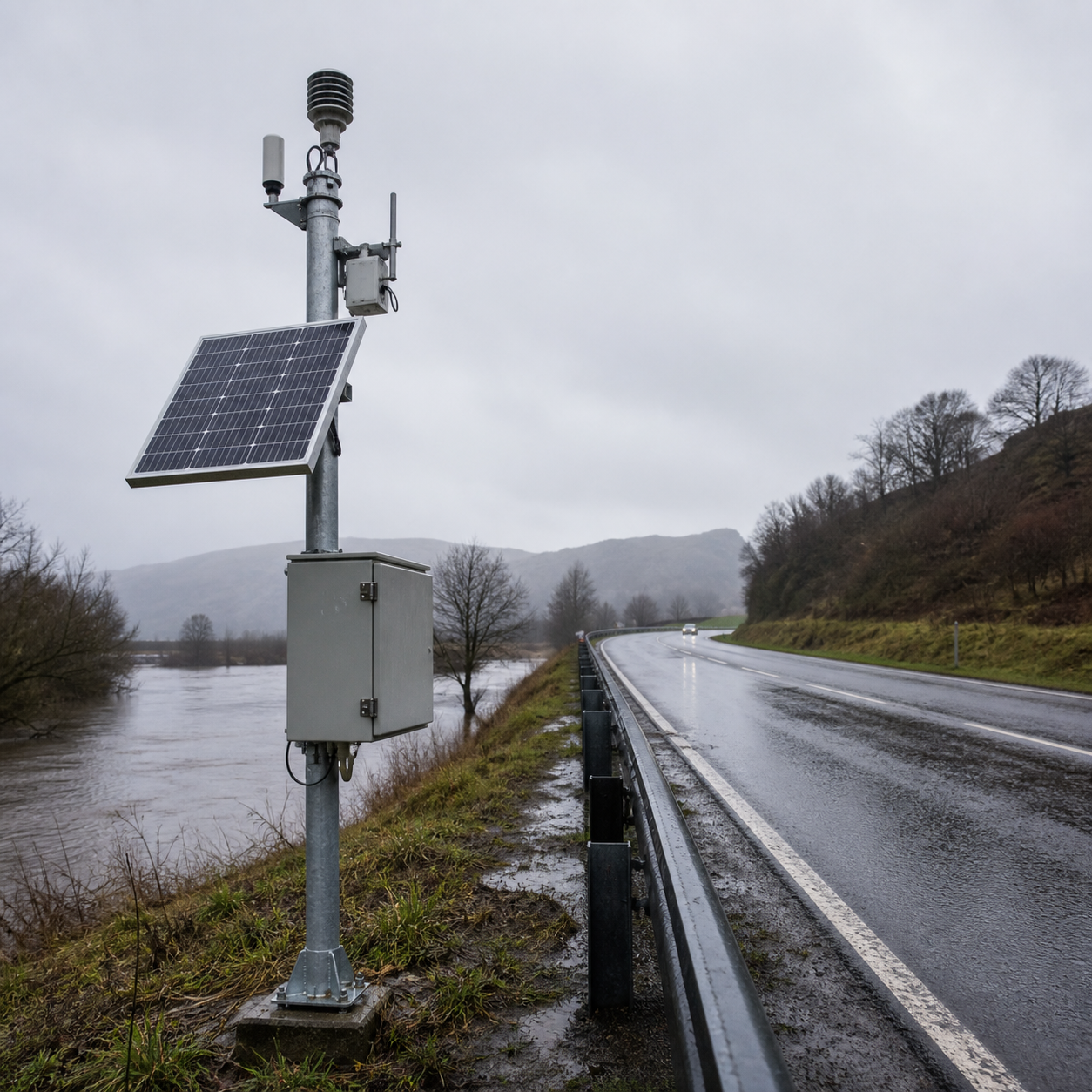 Solar-powered flood warning system with sensors and a control box beside a wet UK highway