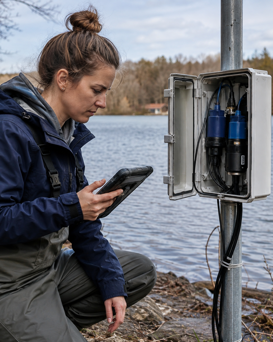 Technician examining nutrient sensor with telemetry setup at a freshwater monitoring site