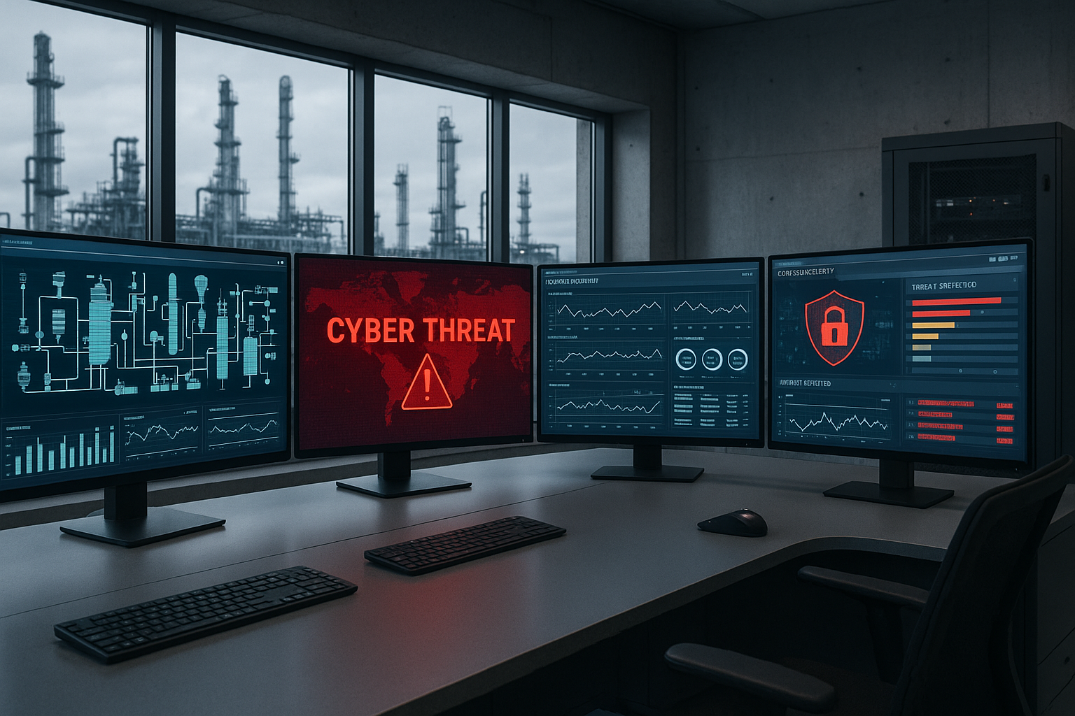 Industrial control room dashboard showing real-time cybersecurity threat monitoring and operational automation