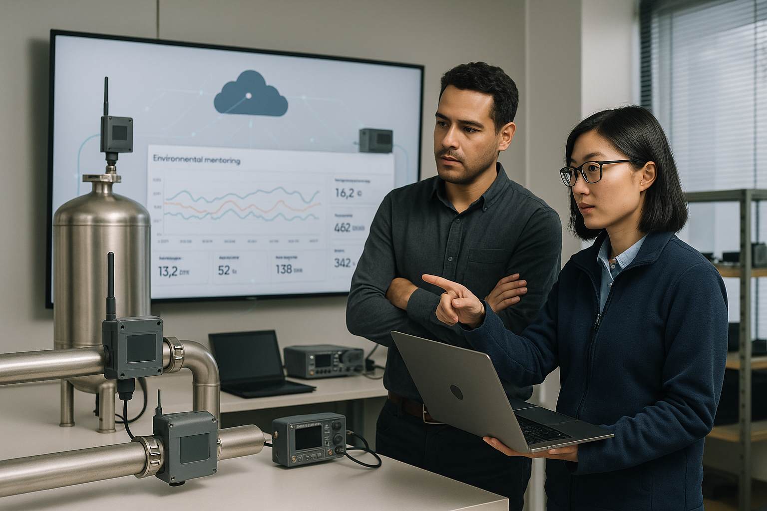 Industrial monitoring sensors connected to a cloud analytics dashboard in a modern facility