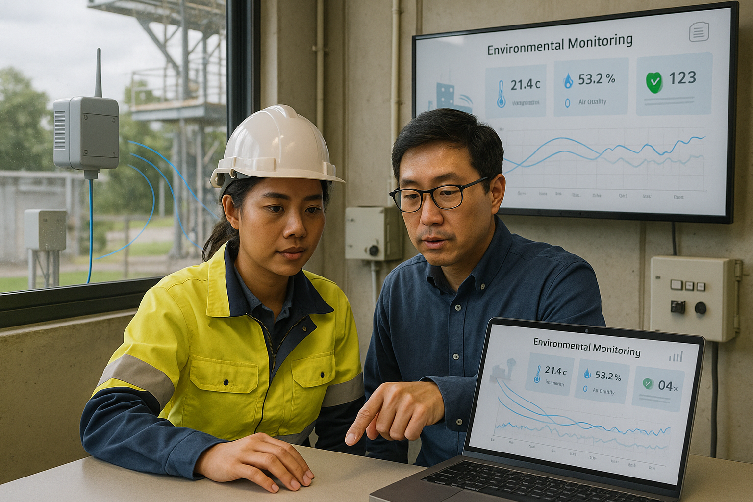 Connected environmental sensors feeding dashboards and operational analytics