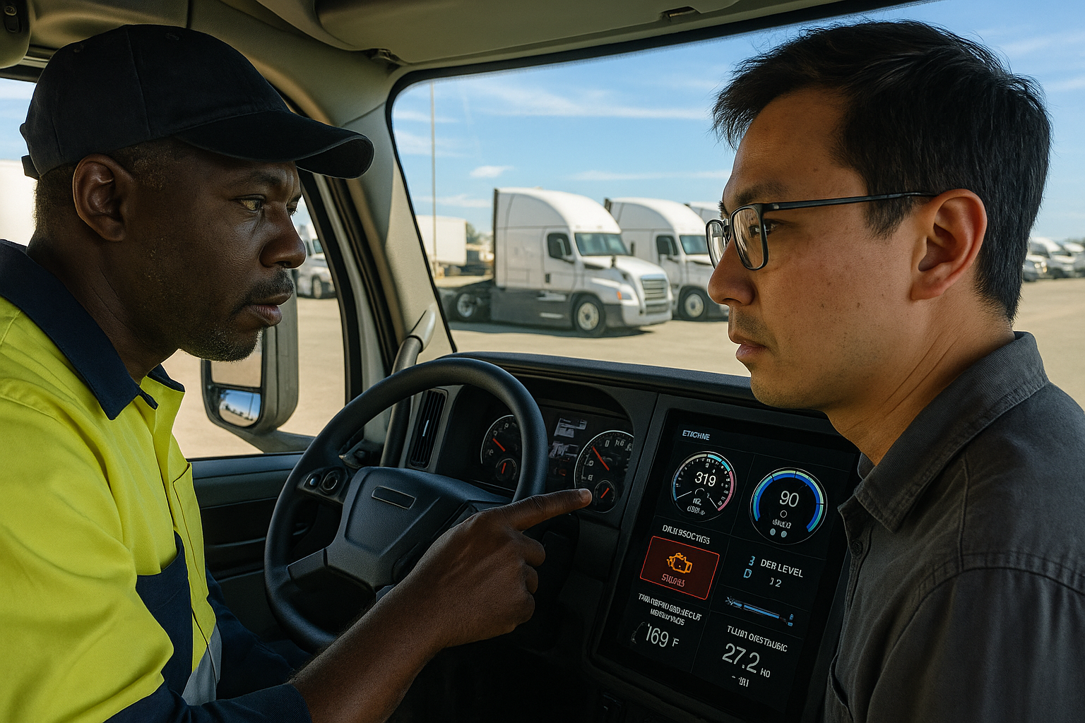 Heavy-duty truck dashboard displaying real-time telemetry and DEF monitoring data in a fleet environment