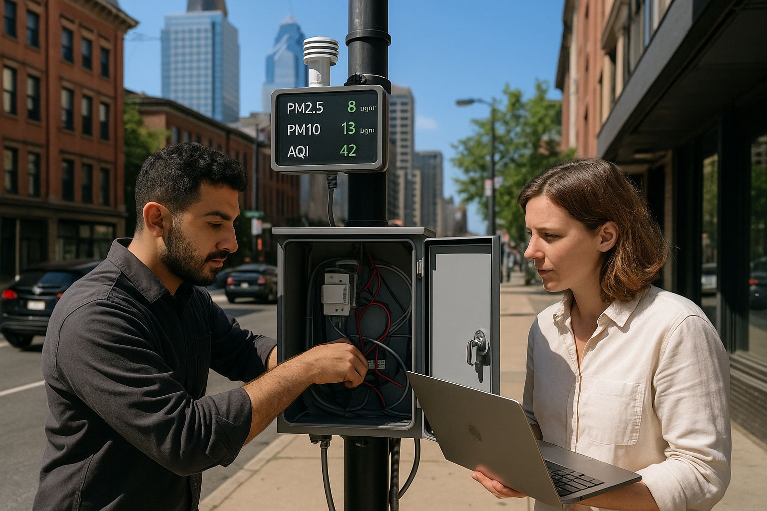 Philadelphia city street with air quality sensors and digital air pollution data displays