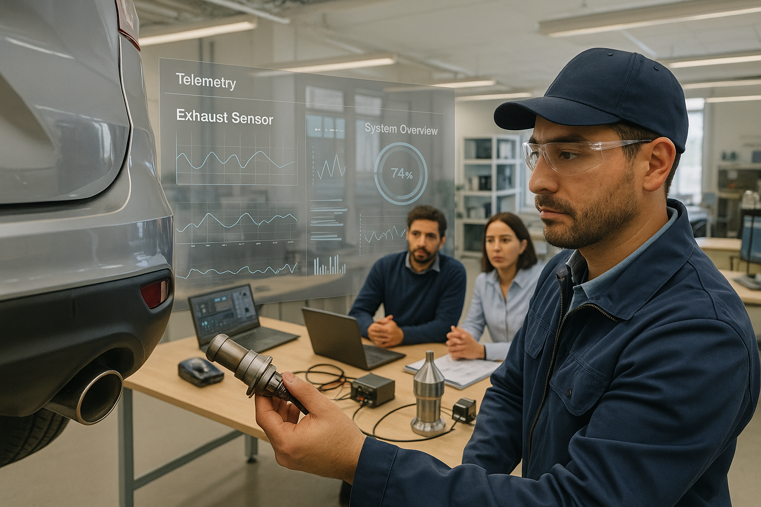 Engineer examining exhaust sensor with telemetry data visuals in industrial setting