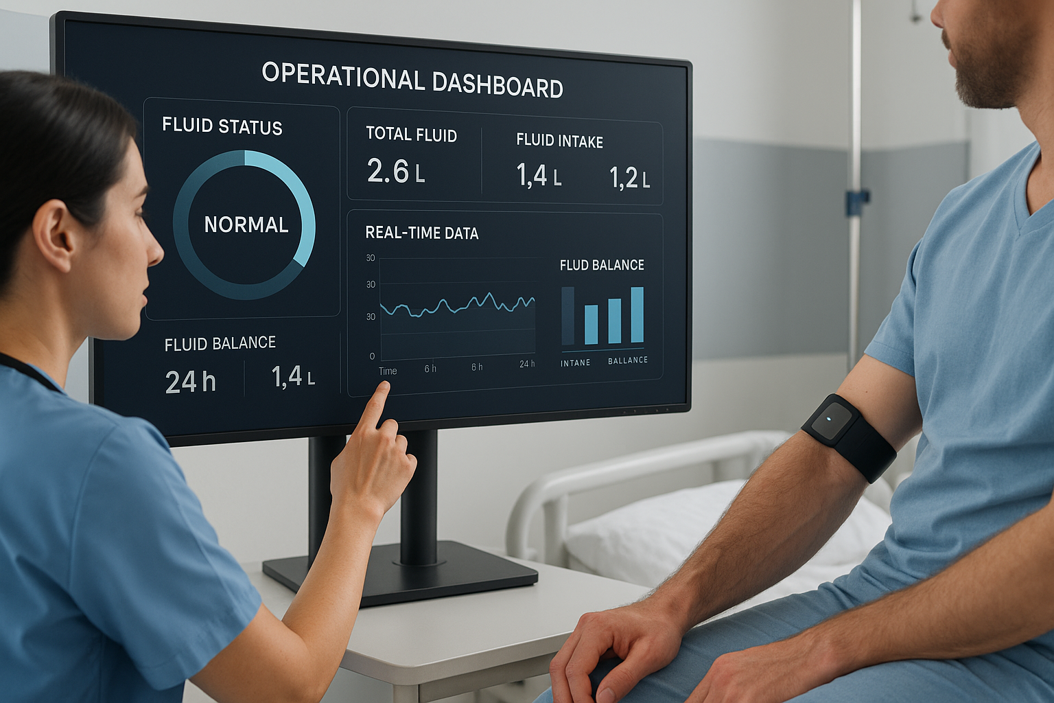 Healthcare professional reviewing patient fluid levels on digital dashboard with connected wearable device on patient