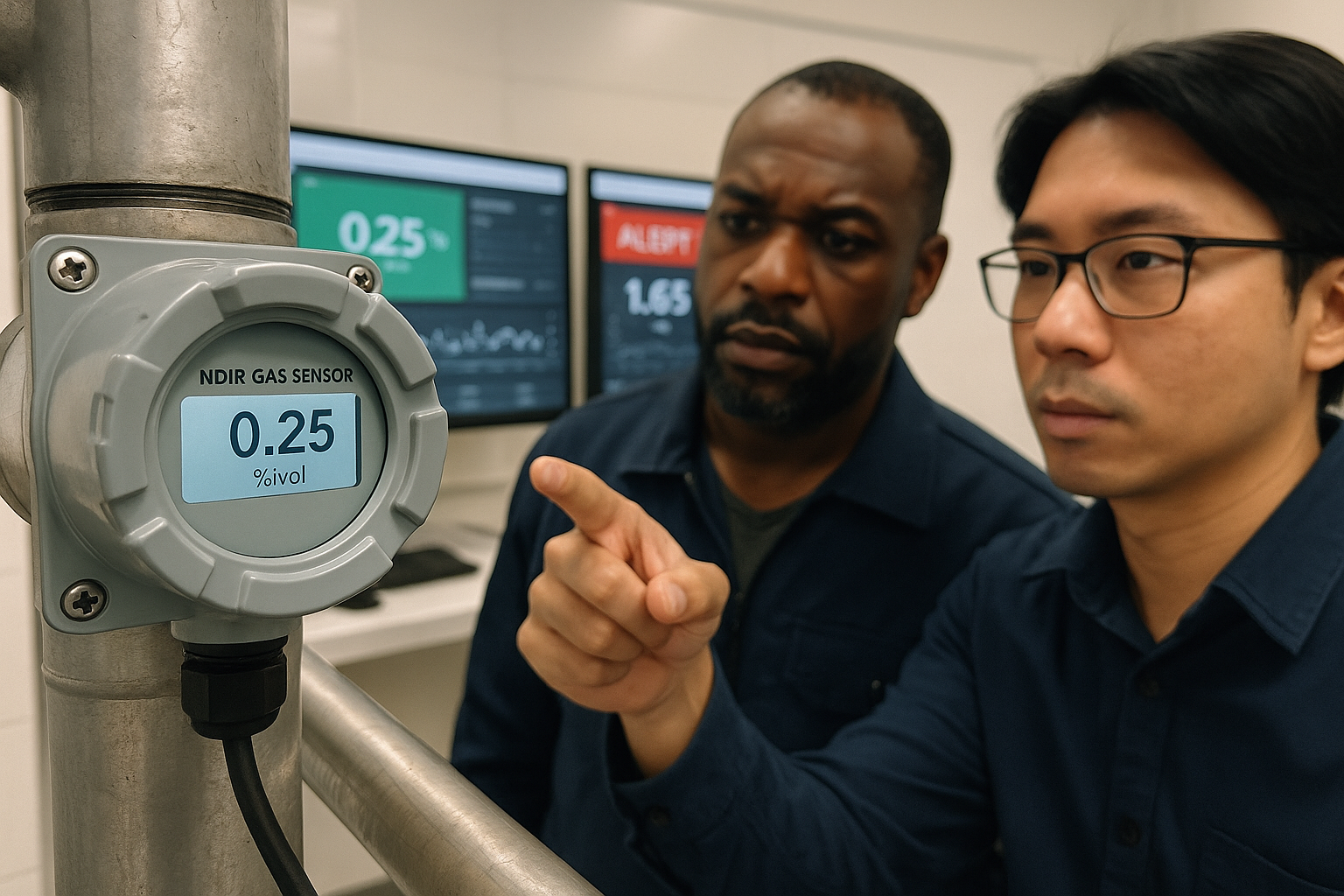Industrial NDIR gas sensor with digital monitoring dashboards in an industrial setting