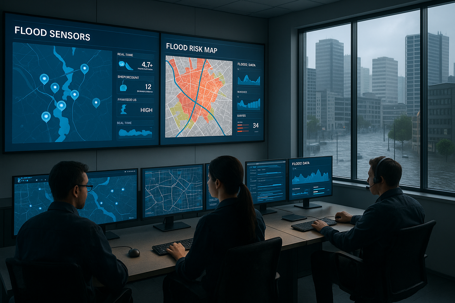 Engineers monitoring flood early warning system dashboards in a modern control center