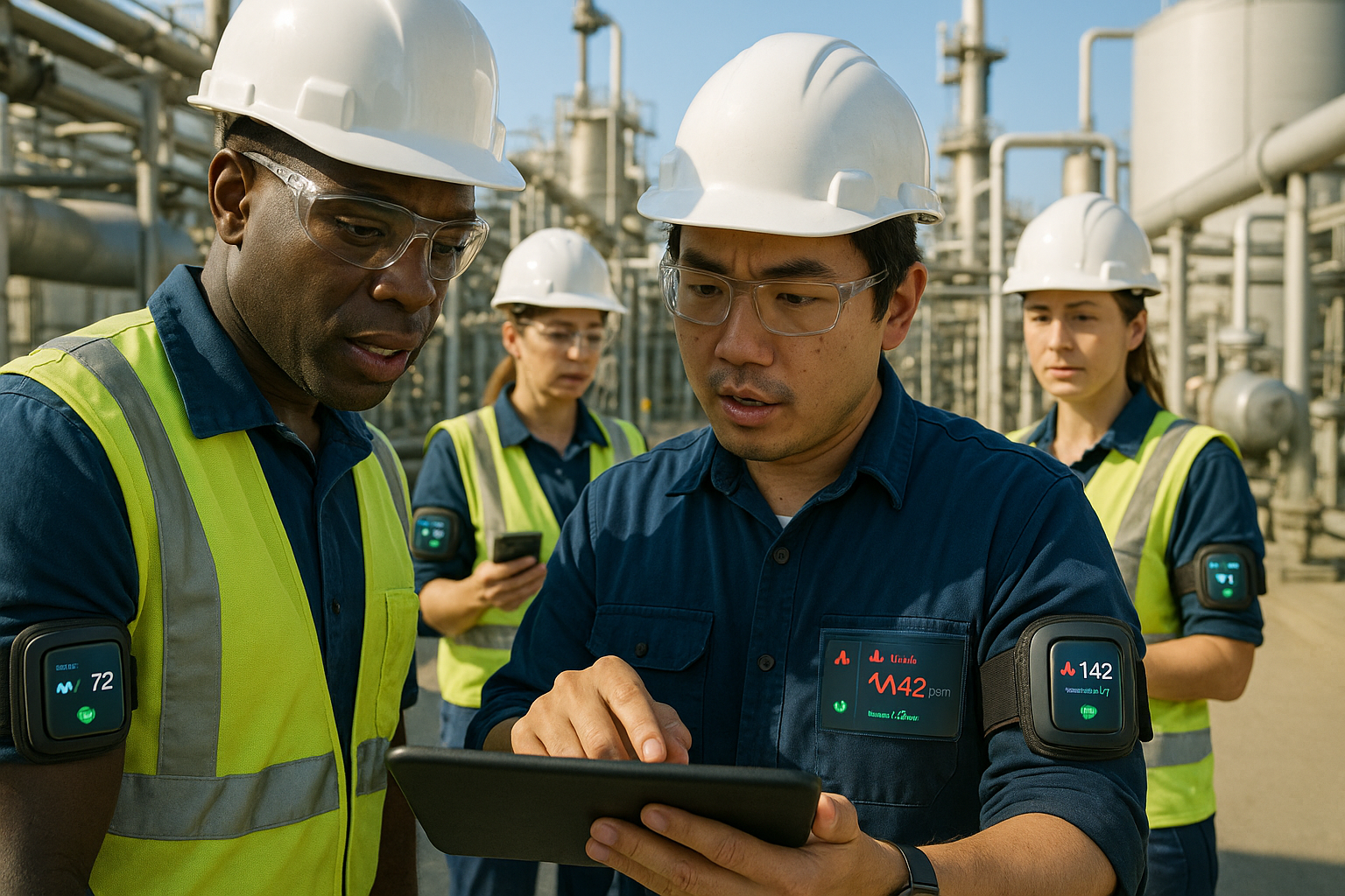 Engineers on-site utilizing wearable health devices for real-time monitoring and safety in an industrial environment