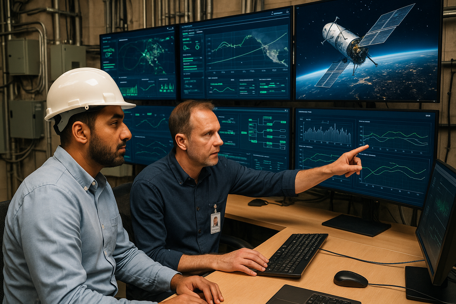 Engineers monitoring satellite navigation system data on control room screens