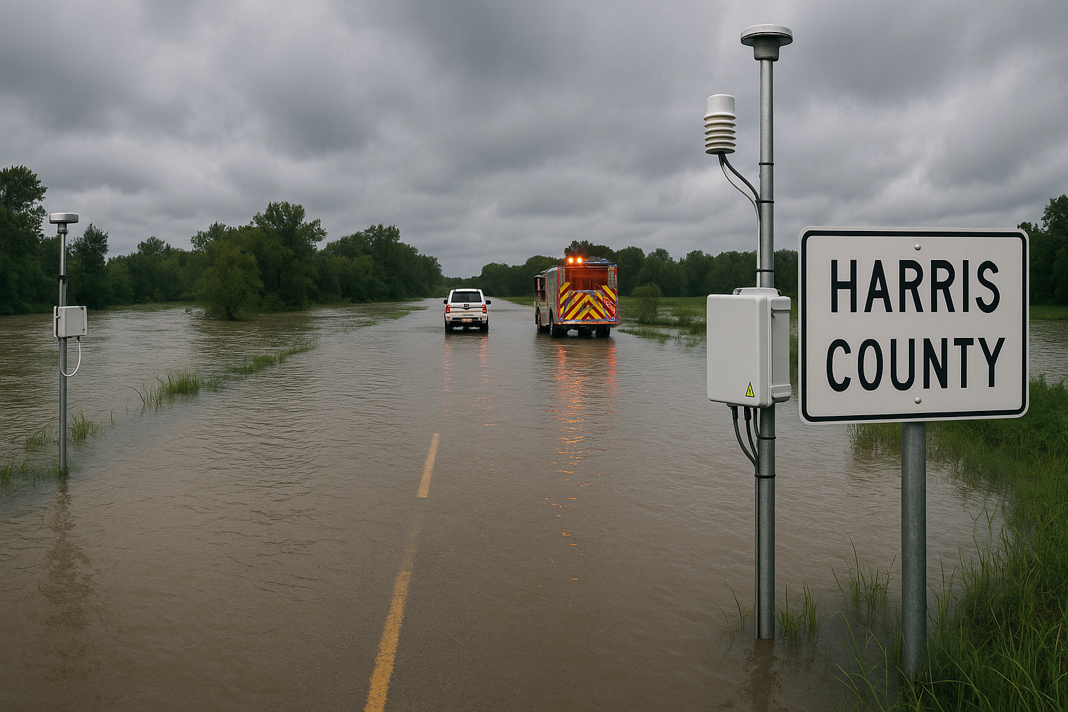 Flooded road with monitoring sensors and emergency response vehicles in Harris County