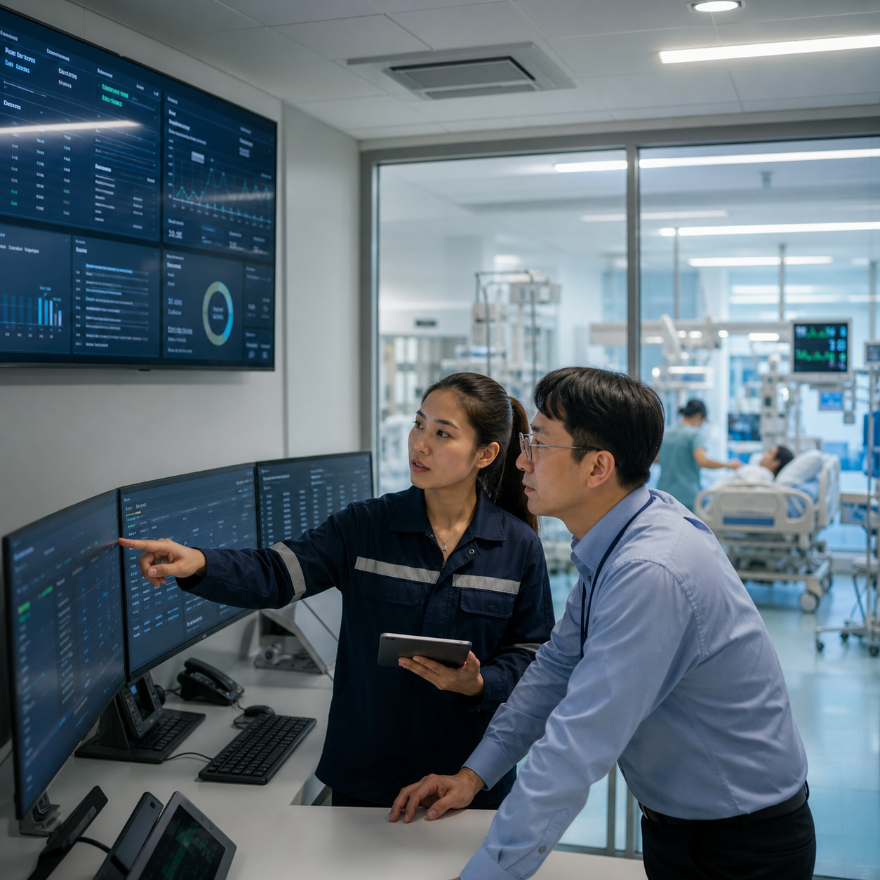 Hospital control room with operational dashboards showing real-time data from connected medical devices and sensors