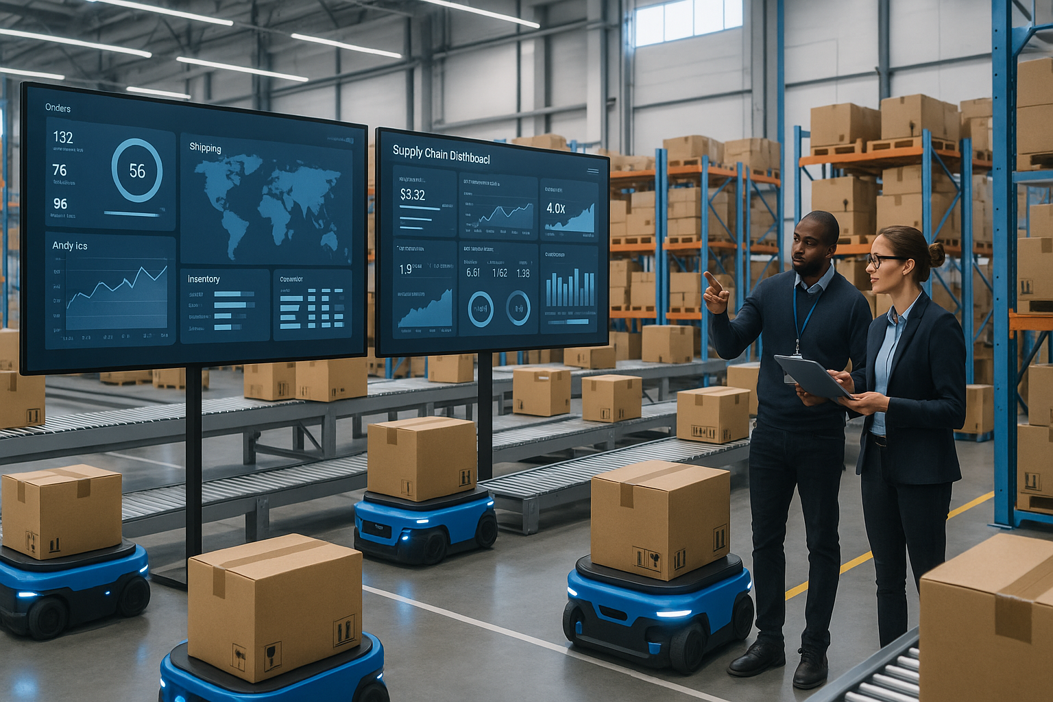 Warehouse with AI-powered automation and real-time supply chain operation dashboards