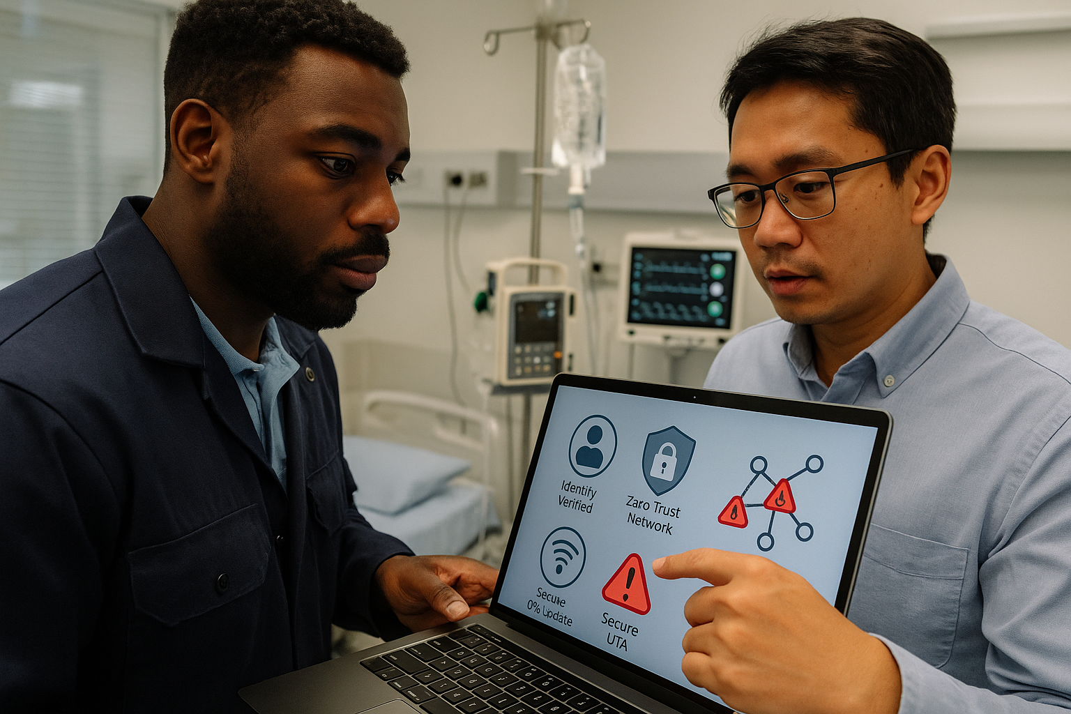 Engineer configuring secure IoT devices with digital representation of identity, zero trust, and OTA updates
